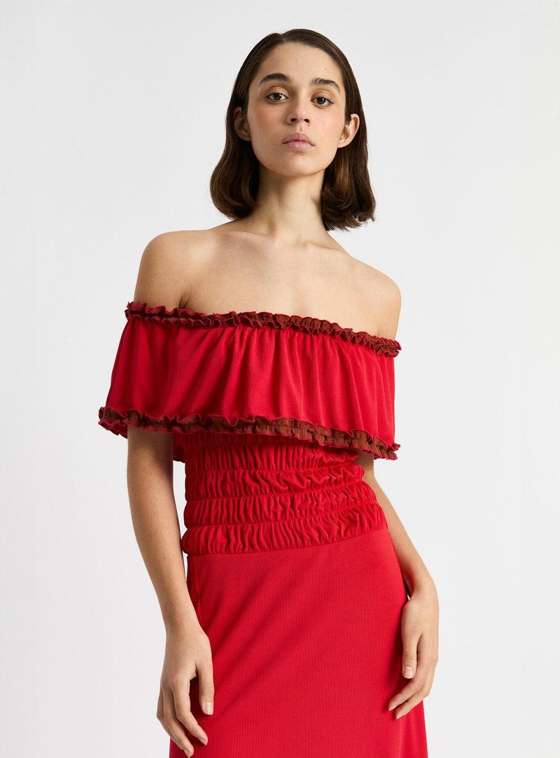 LAAGAM JADE RED JERSEY MIDI DRESS