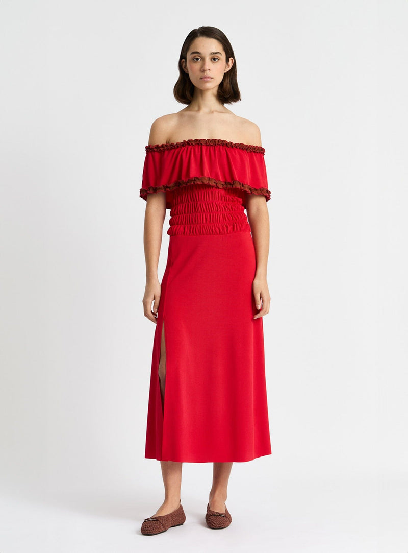 LAAGAM JADE RED JERSEY MIDI DRESS