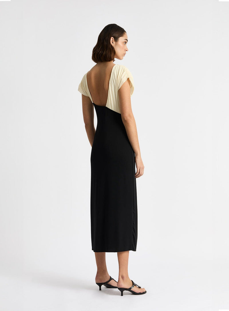 LAAGAM LIBRA BLACK & ECRU DRAPED MIDI DRESS