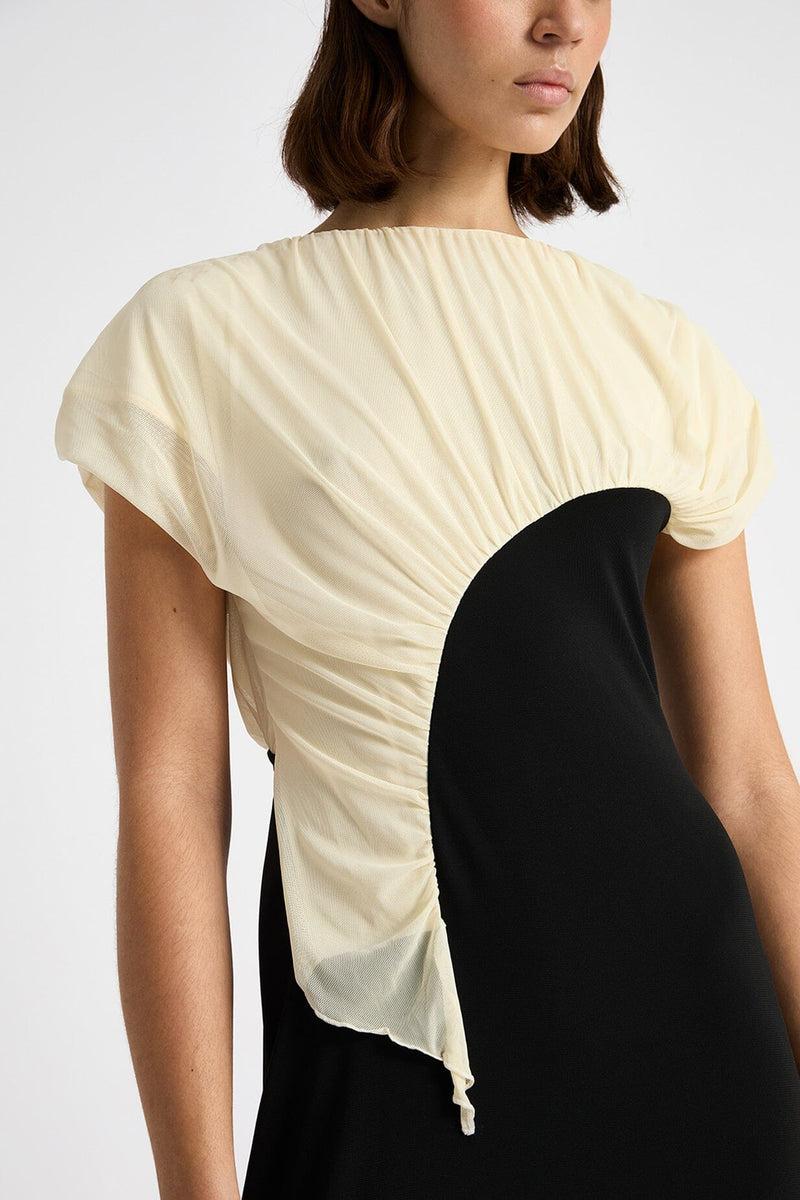 LAAGAM LIBRA BLACK & ECRU DRAPED MIDI DRESS