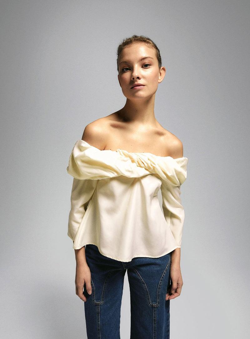 LAAGAM OPHELIA ECRU OFF-SHOULDER BLOUSE